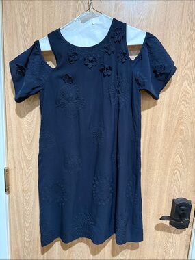 LOFT Navy Textured Open Shoulder Dress with flowers